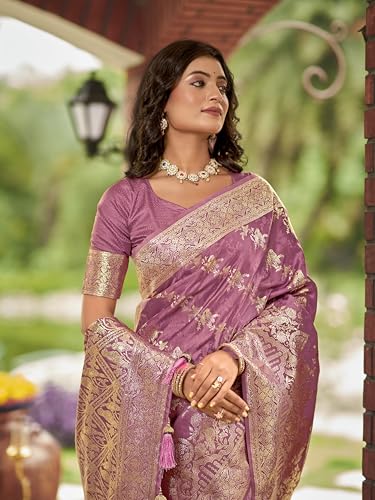 MANOHARI Women's Most Trendy Banarasi Satin Silk Woven Rose Pink Saree With Heavy Jacquard Work Saree With Blouse Piece_MN2026