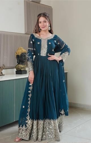 TILKI Fashion Women's Solid Embroidery Work Gown with Dupatta Long Sleeves and Round Neck Most Beautiful Havy Gown for Party | Wedding | Diwali |Any Occasion (in, Alpha, M, Regular, RAMA)