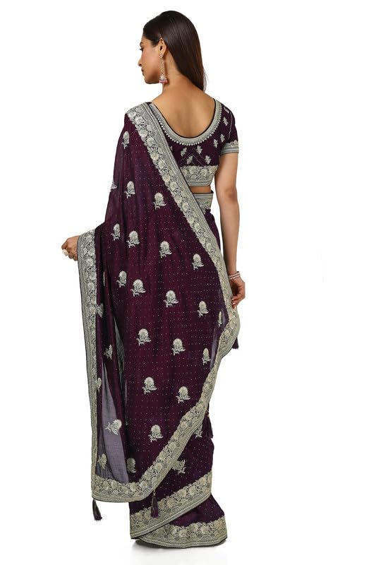 Soch Womens Wine Tussar Embroidered Saree With Stone Work
