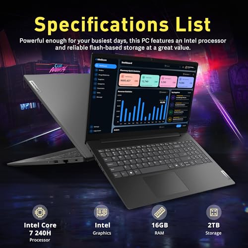 Lenovo V15 Gen 5 15.6" FHD Laptop, Intel Core 7 240H, 16GB DDR5, 2TB Storage(1TB SSD+1TB Docking Station Set), Intel Graphics, Numeric Keypad, HD Webcam, Wi-Fi 6, Win 11, Black