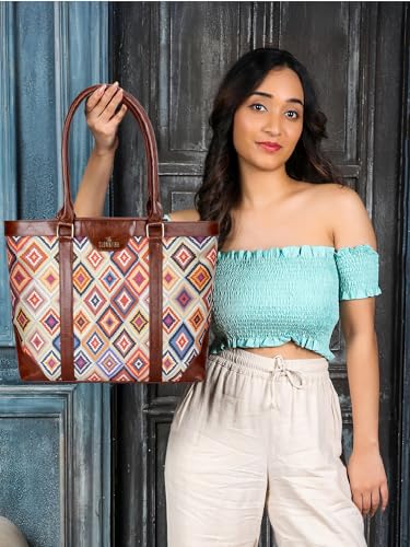 THE CLOWNFISH Miranda Series 15.6 inch Laptop Bag For Women Printed Handicraft Fabric & Faux Leather Office Bag Briefcase Hand Messenger bag Tote Shoulder Bag (Multicolour-Diamond)