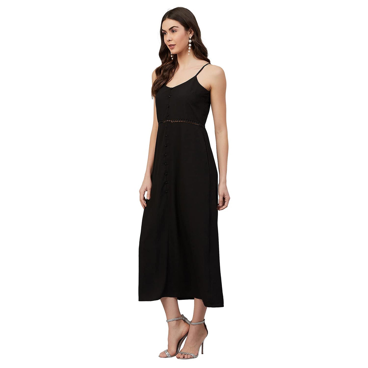 Calton London Women's Crepe A-Line Maxi Dress (CL075_Black_Medium)