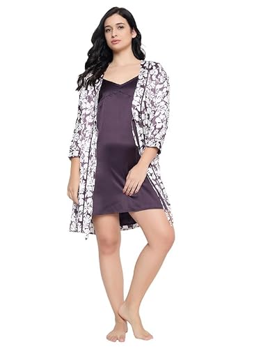 Clovia Women's Satin Printed Short Night Dress & Robe (NS6486P15_Purple_M)