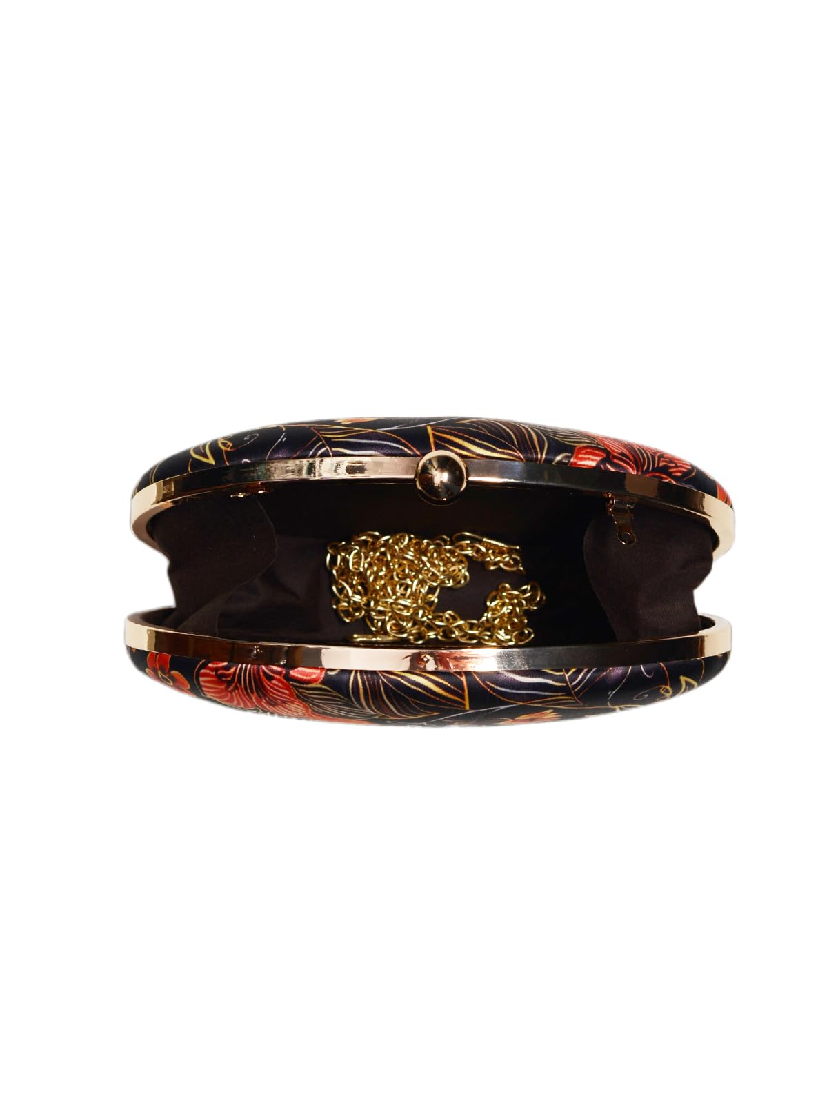 Artklim Black Based Orange Floral Printed Oval Clutch Bag for Women with Detachable Strap