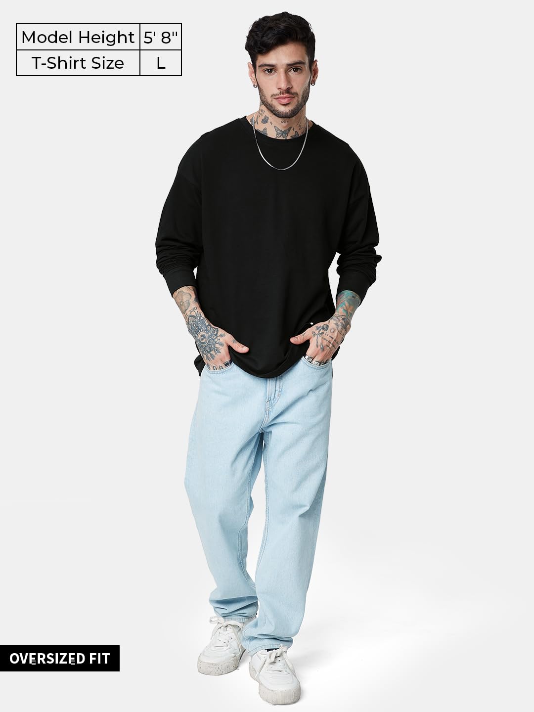 The Souled Store Solids: Black () Full SleeveSolid Black Color Men Full Sleeve Oversized T Shirts for Men Baggy Off-Shoulder Loose Fit Relaxed Drop Shoulder Round Neck Back Printed