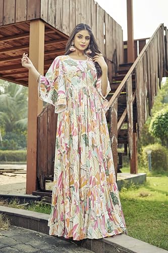 Samprag Rayon Gown for Women | Full Length | Printed | Fit & Flare | Flared & Bell Sleeves | Round Neck | Ethenic Dress | Ideal for Casual, Wedding & Party | Off-White & Sky Blue | S