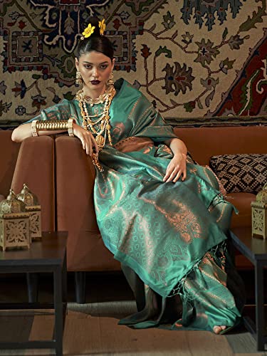 AKHILAM Women's Banarasi Silk Kanjivaram Pattu Woven Design Saree With Unstitched Blouse Piece (Teal blue_KNMNI2001_RJ)