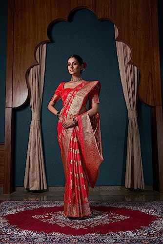 Vardha Women's Banarasi Satin Silk Saree with Blouse Piece, Zari Woven Pink Sari Vishika, 699