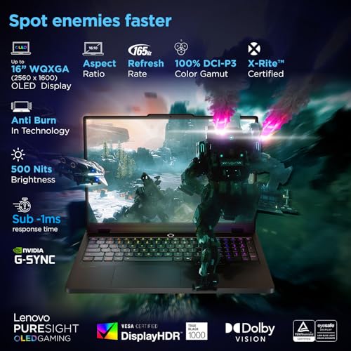 Lenovo Legion Pro 5 2025, Intel Core Ultra 7 255HX, RTX 5060-8GB, 32GB RAM, 1TB SSD, WQXGA OLED, 16"/40.6cm, 165Hz, Windows 11, Office 2024+AI Now, Black, 2.4Kg, 83F3007CIN, AI Powered Gaming Laptop