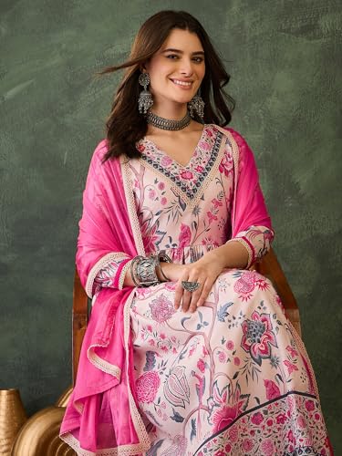VARNI FABRIC Cotton Lining Kurta Set for Women | 3/4 Sleeves Floral Printed Woman Salwar Suit with Pant & Dupatta | Festive Wedding Ethnic Wear | Prefect for Office Summer | Cream | L
