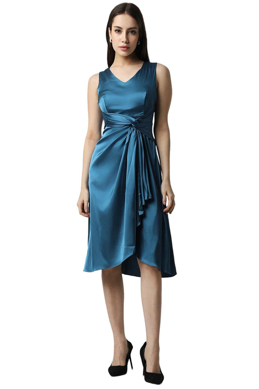 Van Heusen Women's Polyester Blend Asymmetrical Knee-Length Dress (VWDRERGH630551_Blue