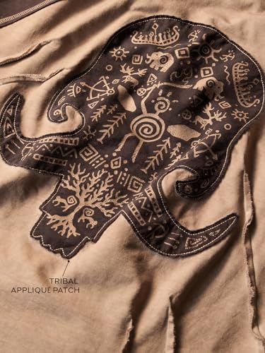 The Souled Store Nomad: Primal Men and Boys Short Sleeves Round Neck Brown Colour-Block Tribal Applique Patch Casual Drop Shoulder Streetwear Cotton Oversized T-Shirt