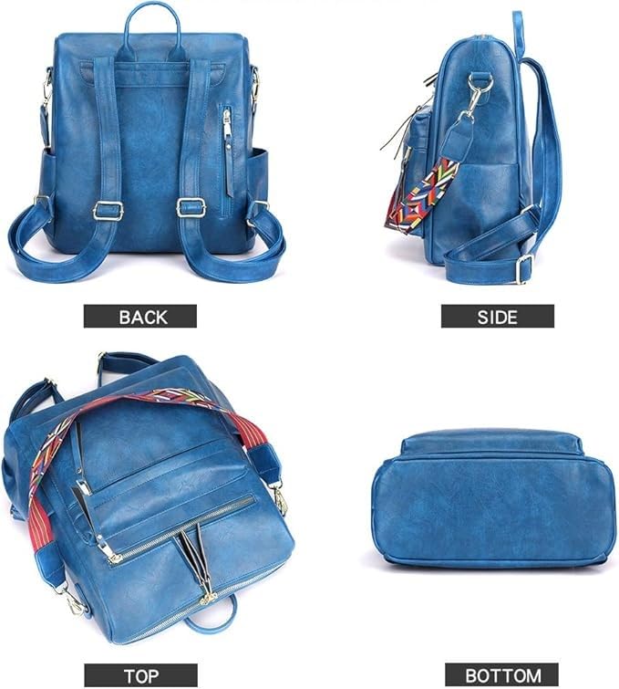 Comfabie Women's Fashion Standard Backpack Purses Multipurpose Design Handbags And Shoulder Bag Pu Leather, Vegan Girl'S Travel Casual Collage Standard Backpack With Shoulder Printed Strap (Blue)