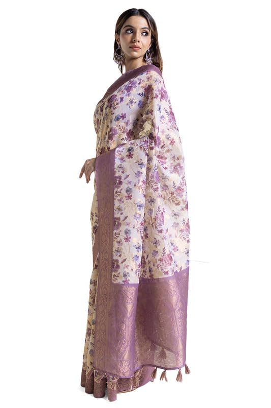 Soch Womens Purple Chanderi Floral Print Saree With Tassels