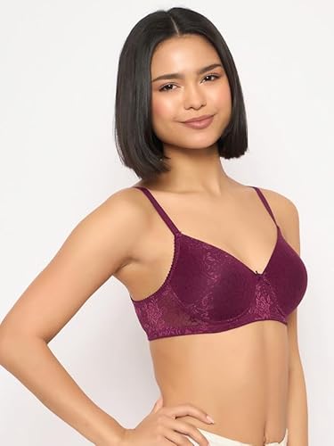 Clovia Women's Lace Padded Non-Wired Full Coverage Bra (BR1479T12_Purple_32D)