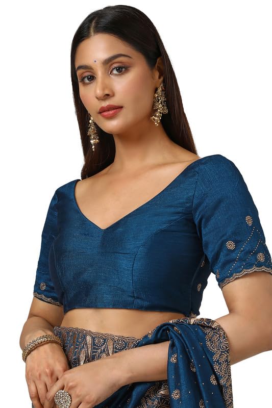 Soch Womens Teal Tussar Embroidered Saree With Stone Work