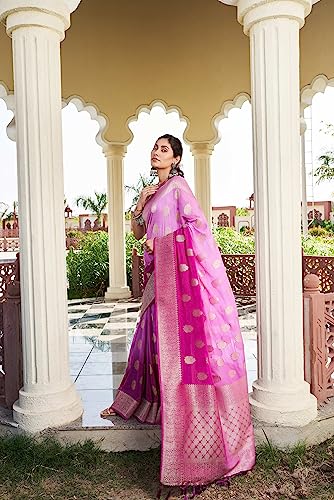 Women Banarasi Georgette Woven Work Half & Half Saree For Women With Gold Zari Border & Unstitched Blouse Piece Lilac Sari Mahika, 674