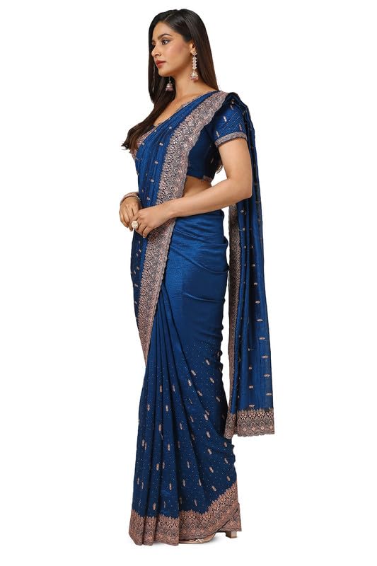 Soch Womens Blue Tussar Zari Embroidered Saree With Stone Work