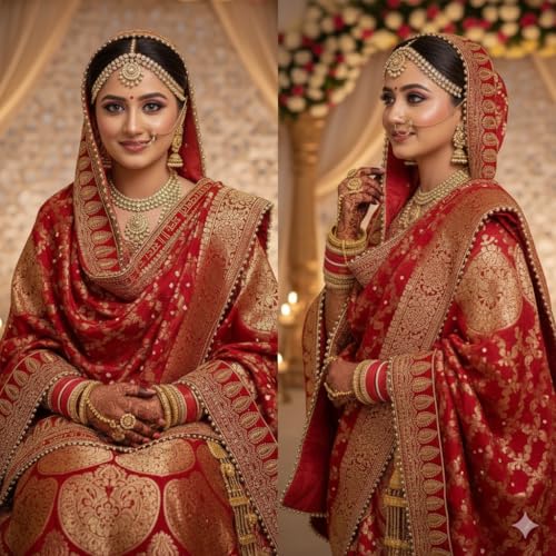 Navti Creations Women Wedding Bridal Red Dupatta In Banarasi Silk With Sada Saubhagyawati Bhaw Embroidery Border (2.25M) & 4 Side Moti Lace
