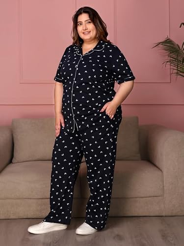 TITTLI Women Pure Cotton Printed Nightsuit | Shirt and Pyjama Set | Short Sleeve Sleepwear | Comfortable Nightwear with Pockets | Travel Nightsuit For Womens