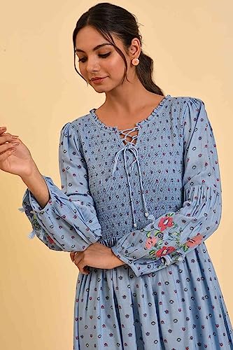 W for Woman Women's Rayon Light Blue Printed Tiered Long Dress Ankle Length 23FEW18840-810336