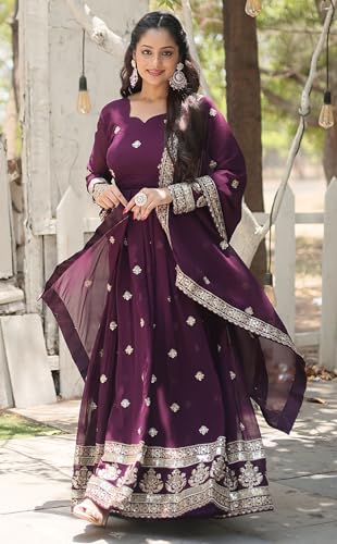Fashion Basket Women's Red Georgette Anarkali Kurta Set with Duptta for Women (Purple, XL)