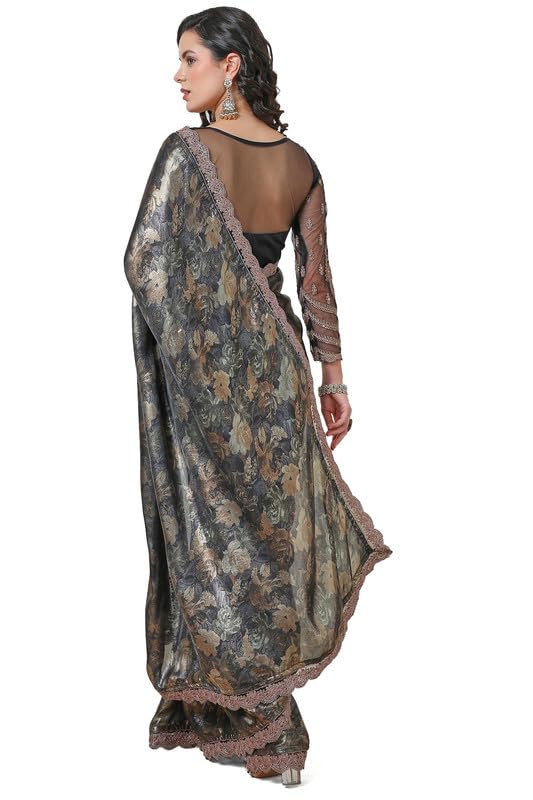 Soch Womens Grey Floral Georgette Saree with Zardosi Border