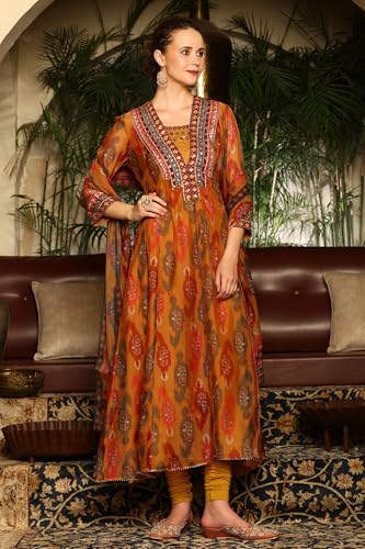W for Woman Mustard Yellow Ikkat Printed Embellished Organza Anarkali Kurta, Churidar and Dupatta Set (Size: S)-24AUWS11507-124574