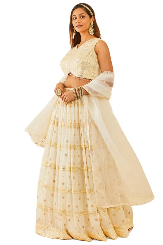 Soch Womens Off White Embellished Georgette Lehenga Choli