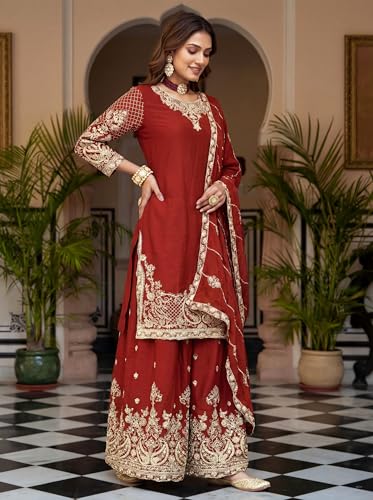 Leeli Peeri Designer Women's Chinon Silk Embroidery Kurta Sharara and Dupatta Set