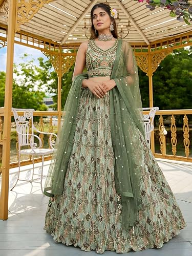 Zeel Clothing Women's Chinon Silk Embroidered Mirror Work Lehenga Choli with Dupatta (114-Green-Women-Lehenga-Choli-Set; Free Size; Green)