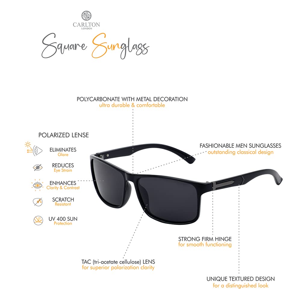 Carlton London-Premium-Men's-Black Toned Polarised and UV Protected Lens Square Sunglasses