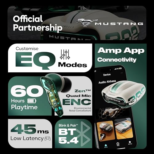 GOBOULT Mustang Torq Wireless in Ear Earbuds with 60H Playtime, App Support, Quad Mic ENC, 45ms Low Latency, 13mm Driver, Breathing LEDs, Made in India Ear Buds Wireless (Green)