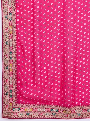 Panzora Women's Georgette Bandhani Printed Pink Saree With Embroidery Unstitched Blouse Piece