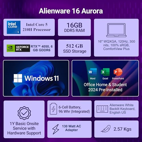 Alienware 16 Aurora AC16250, Intel Core 5‑210H, 16GB DDR5, 512GB SSD, 16" WQXGA 300Nits Display, GeForce RTX™ 4050, 6GB GDDR6, White Backlit Keyboard, Win 11 Home+MSO'24, Interstellar Indigo, 2.57Kg
