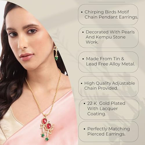 Mansiyaorange Two-Tone Plated Ruby Pearls Studded Bird Choker Necklace and Earrings Jewelry Set For Women Girls