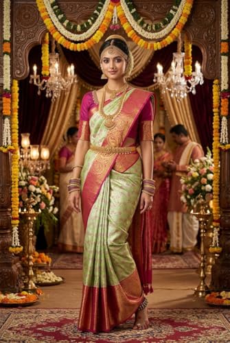 VFCollections Women's Traditional Handloom Kanchipuram Silk Pure Pattu Sarees | Rich Zari Woven Design | Unstitched Blouse (VFC214-3)