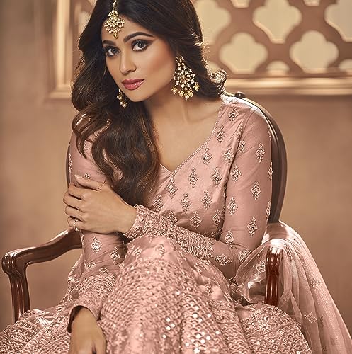 Divine International Trading Co Women's Net With Heavy Embroidery Work Long Anarkali Gown Salwar Suit Dupatta (Unstitched_SanjanaO-8396-Peach)