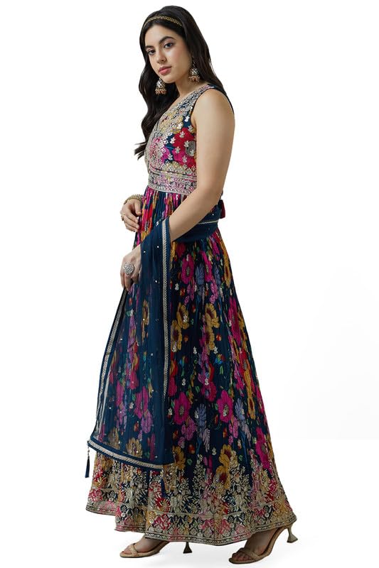 Soch Womens Navy Blue Chinon Blend Botanical Print Gown With Sequins