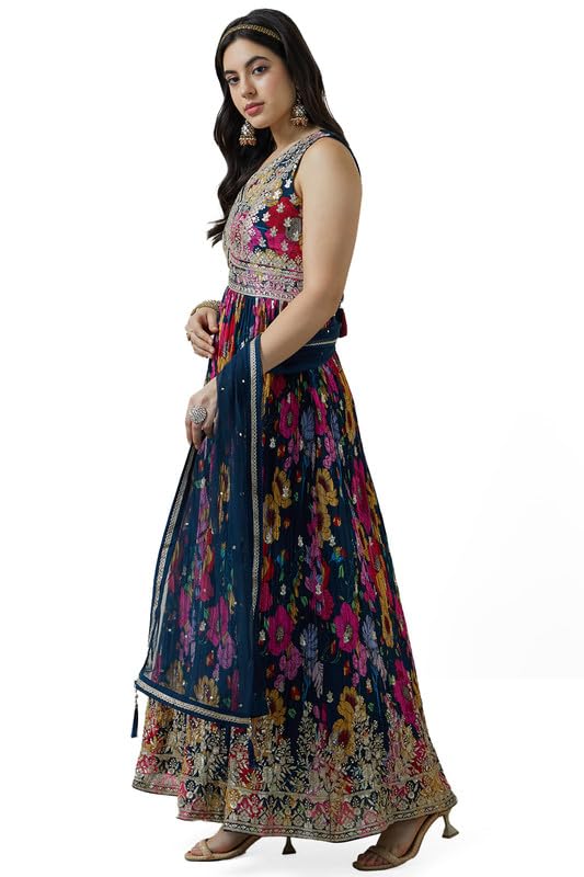 Soch Womens Navy Blue Chinon Blend Botanical Print Alia Cut Gown