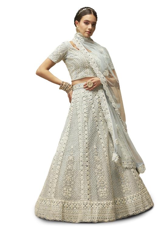 Soch Womens Powder Blue Net All-Over Embroidered Unstitched Lehenga Set with Stonework