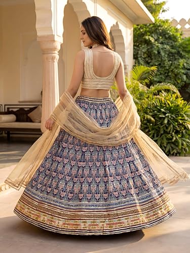 Zeel Clothing Women's Digital Print With Gota Patti Art Silk Lehenga Choli With Dupatta (5053-Blue-Women-Lehenga-Choli-Set; Free Size)