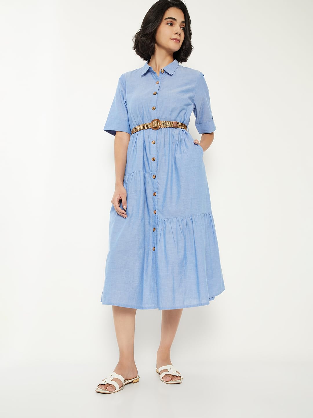 Max Women Solid Shirt Dress with Belt (Blue_L)