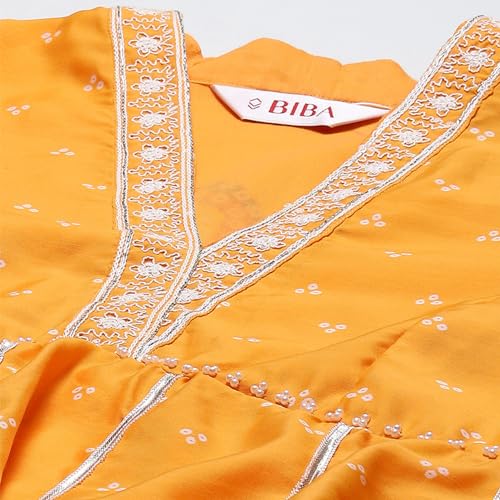 BIBA Polycotton Women Printed Anarkali Salwar Kurta Dupatta(SKDBANDHEJ8993_MAN_32), Yellow