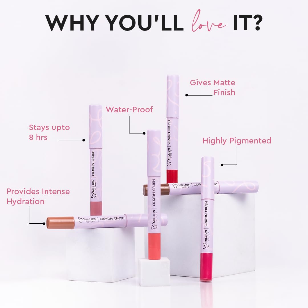 Million Colors Lip Crayon Lipstick | 8H Long-Lasting Matte | Hydrating & Lightweight | Highly Pigmented | Smudge-Proof & Transfer-Proof | Hyaluronic Acid & Shea Butter (Fierce 02, 3g)