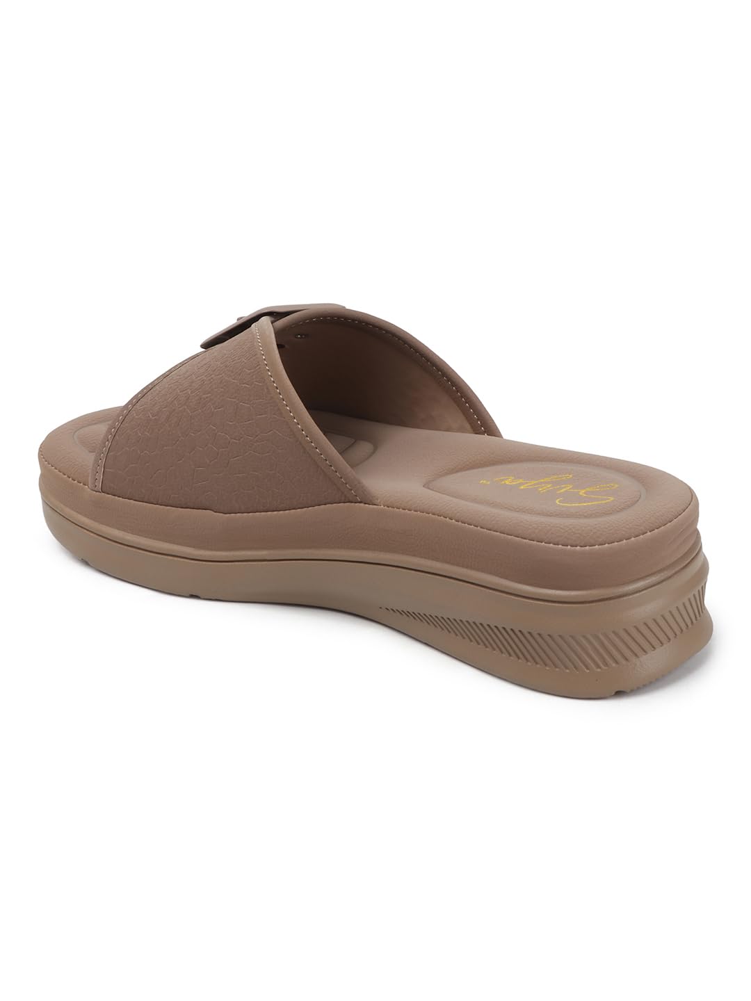 Elegant Slide Women Sandals with Bold Buckle and Soft Quilted Footbed for Everyday Comfort (Chiku, UK Footwear Size System, Adult, Women, Numeric, Medium, 9)