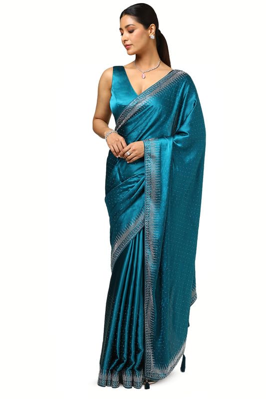 Soch Womens Teal Satin Embellished Saree With Stone Work