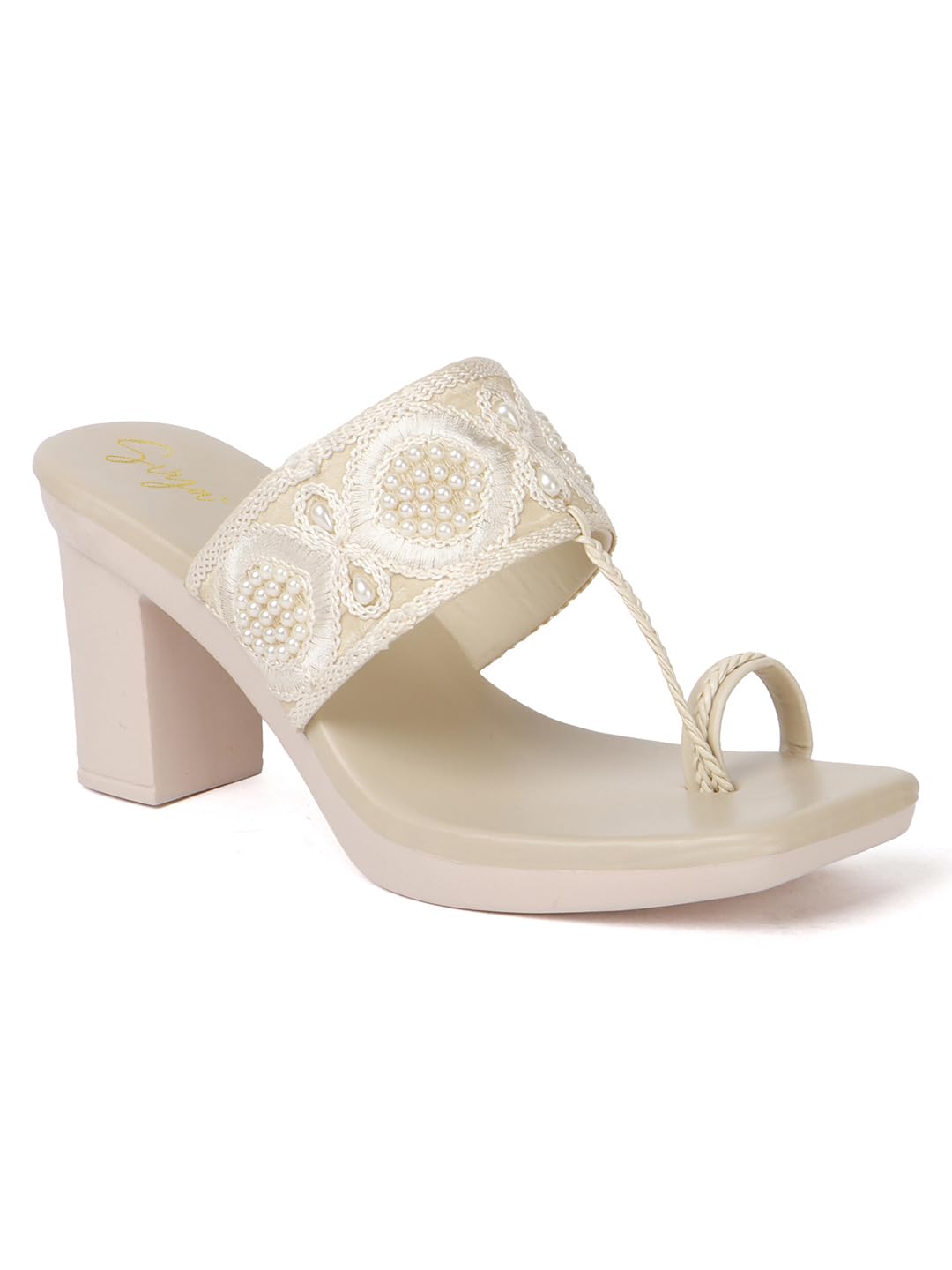 Handcrafted Embroidered Toe-Loop Women Sandals with Block Heel and Pearl Detailing for Ethnic, Festive, and Occasion Wear (Cream, UK Footwear Size System, Adult, Women, Numeric, Medium, 6)
