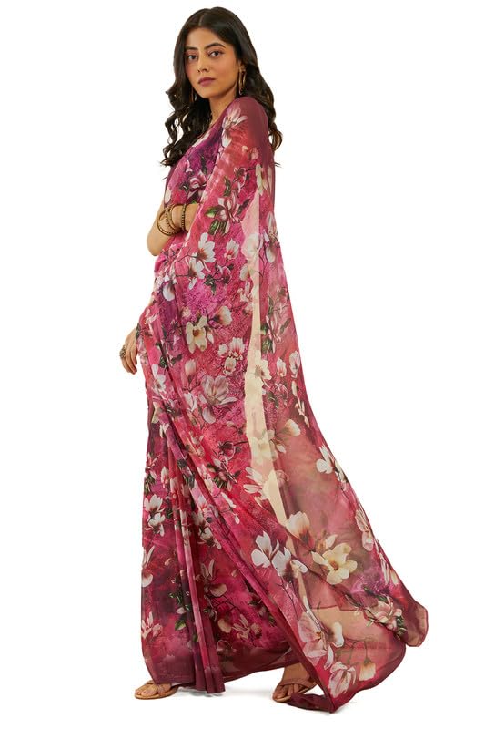 Soch Womens Fuchsia Floral Print Georgette Saree