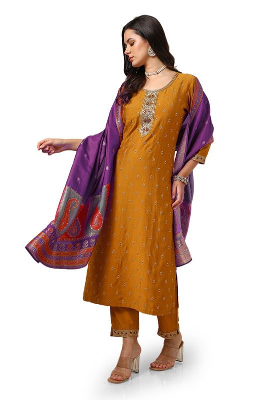 Soch Womens Mustard Silk Blend Embroidered Suit Set With Zardosi